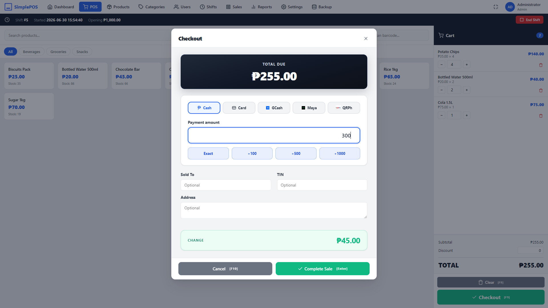 SimplePOS checkout screen